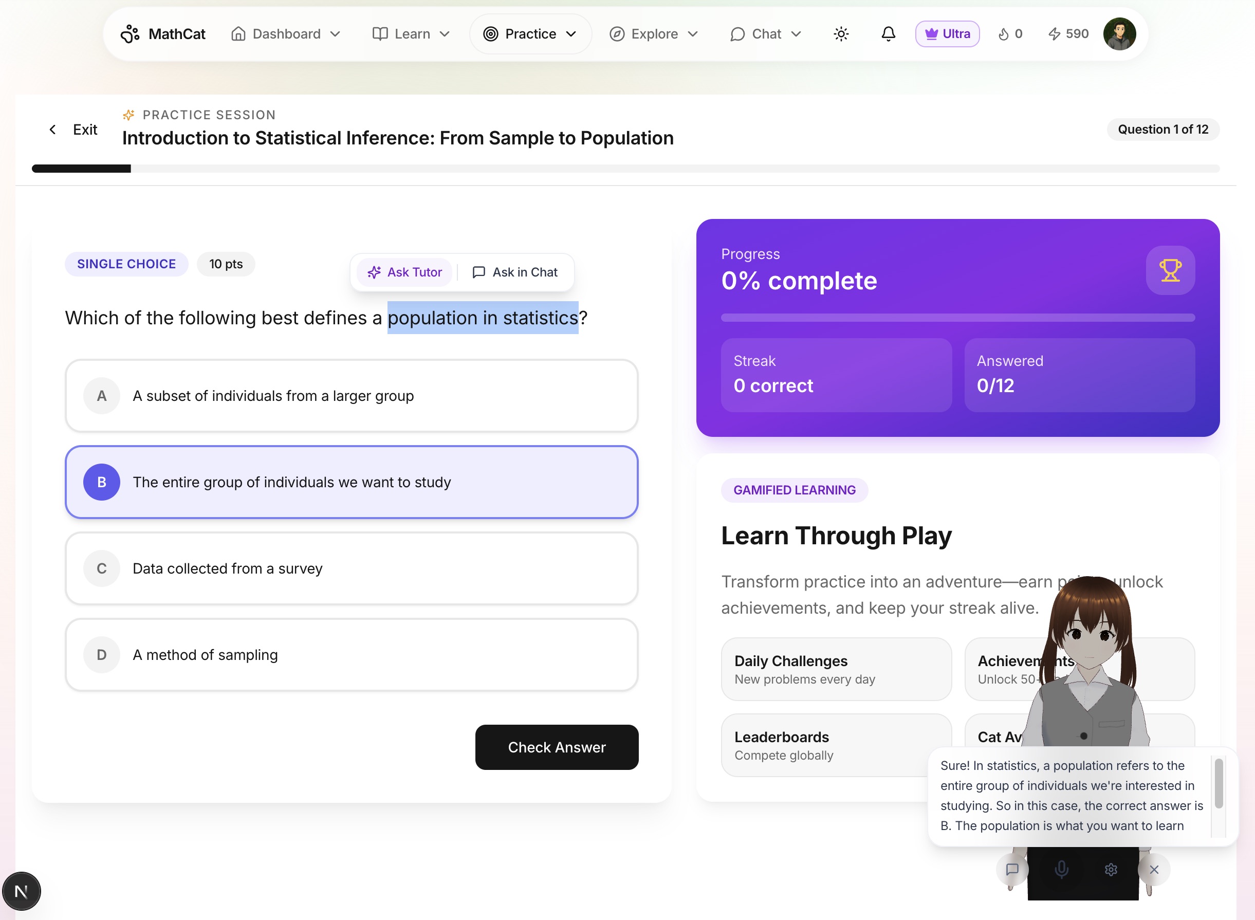 Practice session with AI tutor answering questions
